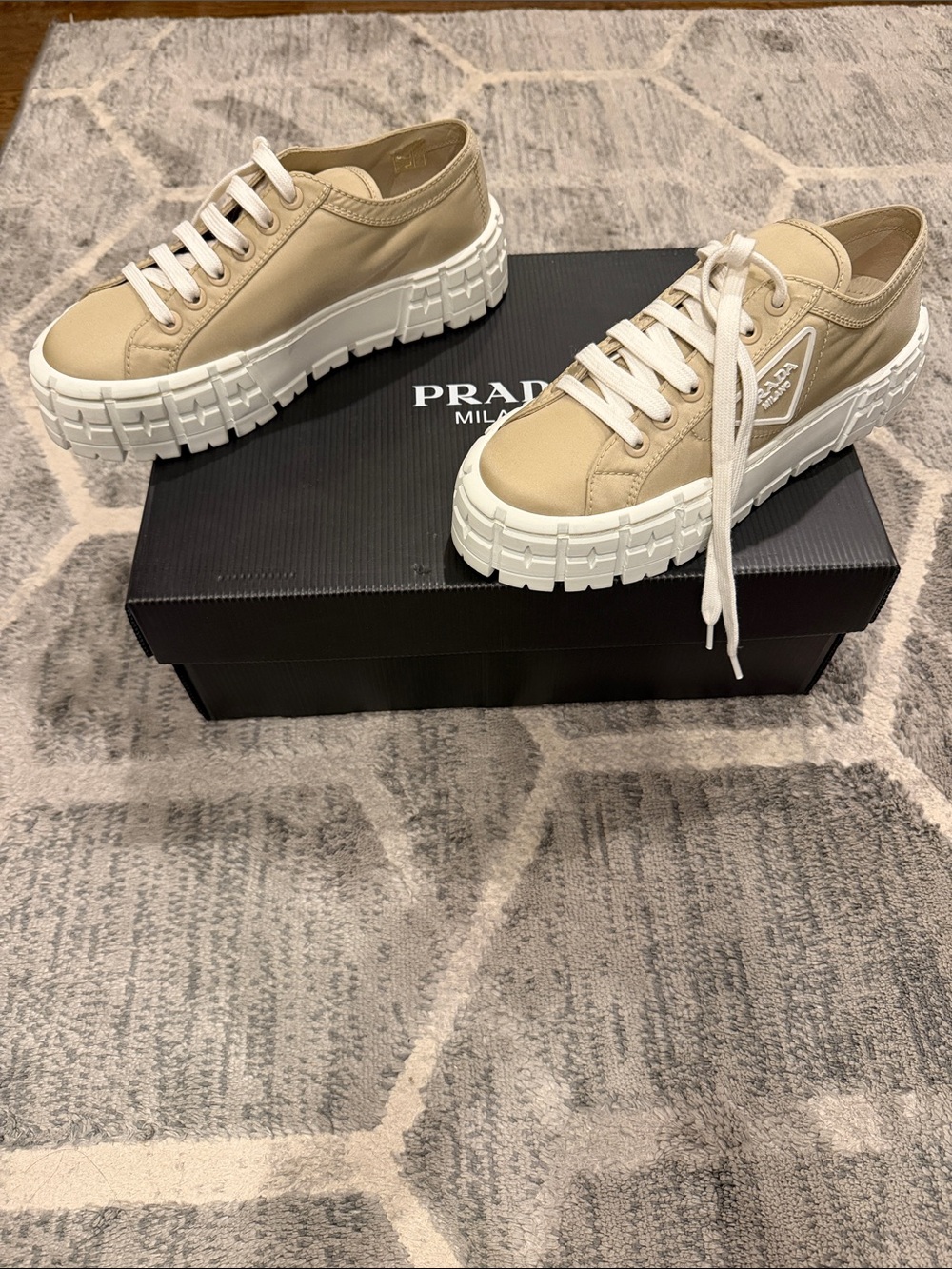 Prada Neutral-Tone Platform Lace-Up Sneakers